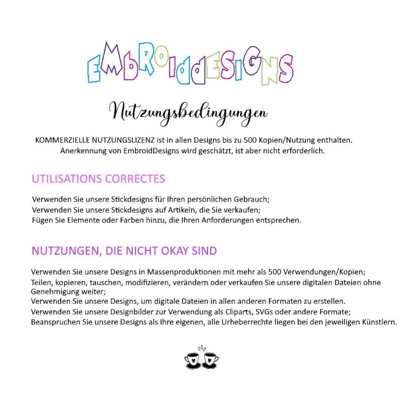 May include: A document with the title "EmbroidDesigns Nutzungsbedingungen" outlining commercial and personal use guidelines for embroidery designs. The document states that commercial use is permitted for up to 500 copies and that attribution is appreciated but not required.