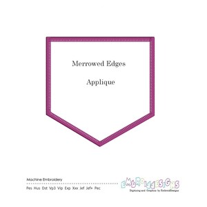 May include: A pink applique with the text "Merrowed Edges" and "Applique" in a white font.