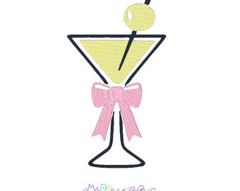 Cocktail Lover's Martini Glass Machine Embroidery Design - with Olive on a Toothpick & Bow Decor