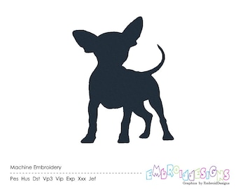 Puede incluir: Una silueta negra de un chihuahua de pie sobre un fondo blanco.