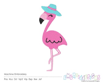 Diseño de bordado de flamenco, pájaro con sombrero (descarga digital)