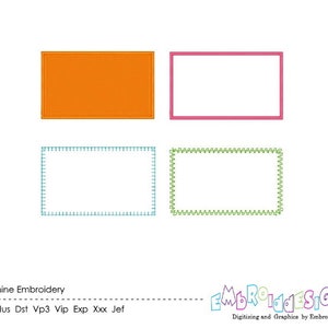 May include: Four rectangular machine embroidery designs featuring different border styles: a solid orange rectangle, a pink outline, a blue blanket stitch border, and a green zigzag stitch border. Text includes Machine Embroidery, file formats, and EmbroidDesigns.