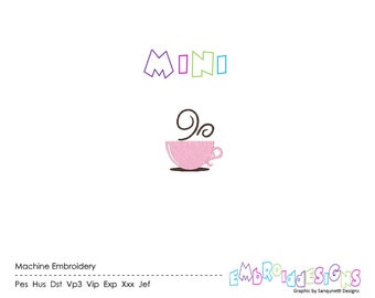 May include: A pink coffee cup with steam coming from the top. The word "MINI" is written above the cup in colorful letters.