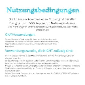May include: A digital document titled Nutzungsbedingungen containing terms of use in German. It outlines commercial licensing for up to 500 copies, permitted uses for personal or commercial projects, and prohibited actions like mass production or file sharing.
