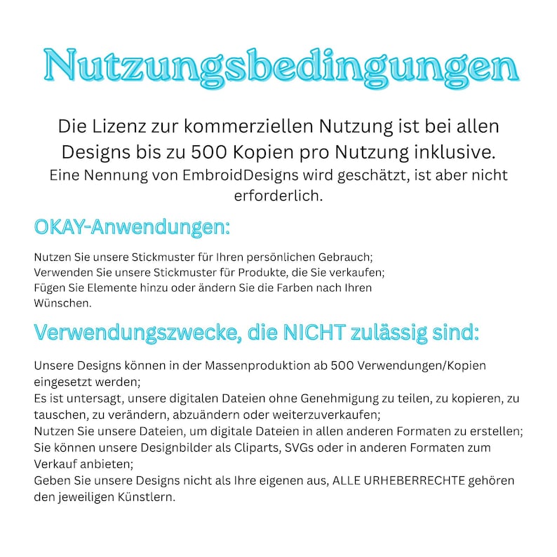 May include: A digital document titled Nutzungsbedingungen containing terms of use in German. It outlines commercial licensing for up to 500 copies, permitted uses for personal or commercial projects, and prohibited actions like mass production or file sharing.