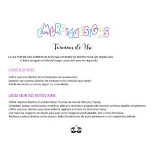 May include: A document with the title "T&eacute;rminos de Uso" and text in Spanish explaining the terms of use for commercial embroidery designs. The document states that a commercial license is included for up to 500 copies and that credit to Embroid Designs is appreciated but not required.