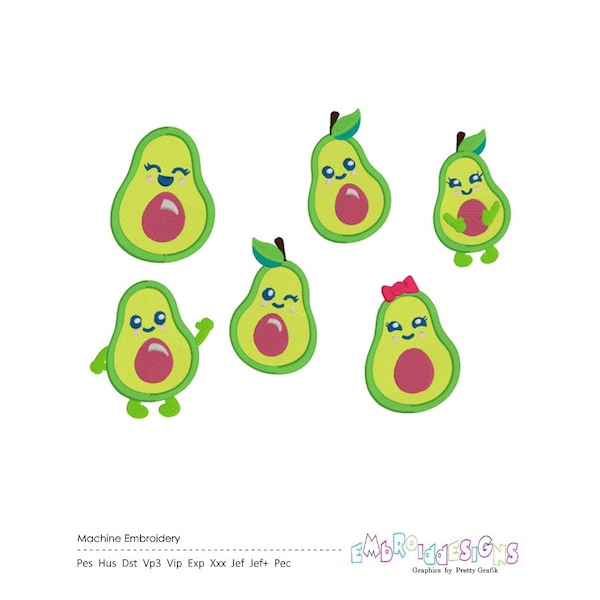 Vibrant Fruit Embroidery Set - 6 Avocado Designs - Instant Download