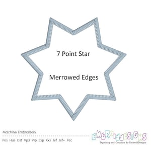 May include: A 7-point star with merrowed edges. The star is a light blue color and is outlined in a darker blue. The text "7 Point Star" and "Merrowed Edges" is printed in black.