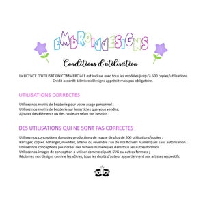 May include: A pink and purple graphic with the text "EmbroidDesigns" and the words "Conditions d'utilisation" in French. The text explains the commercial use license for the designs, which includes up to 500 copies. The text also lists correct and incorrect uses of the designs.