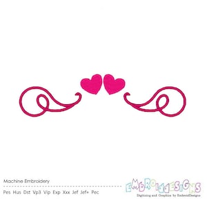 May include: A pink heart design with two hearts and a decorative swirl on each side. Machine embroidery design for a sewing project.