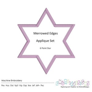 May include: A pink six-pointed star with a white center. The text "Merrowed Edges Applique Set 6 Point Star" is written in the center of the star.