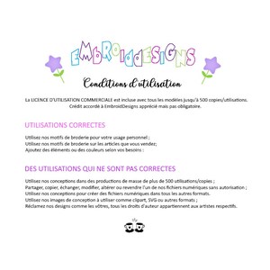 May include: A pink and purple graphic with the text "EmbroidDesigns" and the words "Conditions d'utilisation" in French. The text explains the commercial use license for the designs, which includes up to 500 copies. The text also lists correct and incorrect uses of the designs.