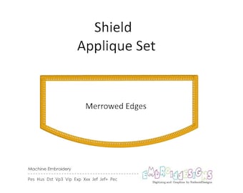 Peut inclure: Un graphique numérique présentant un ensemble d'appliques en forme de bouclier avec des bords surjetés. Le design montre une forme de bouclier rectangulaire dorée avec un bord inférieur incurvé. Le texte indique Shield Applique Set, Merrowed Edges.
