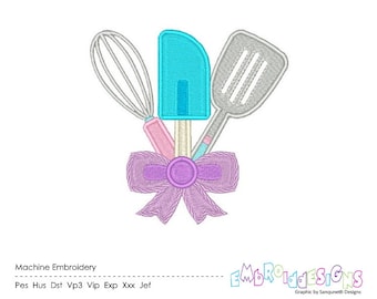 Kitchen Utensils Machine Embroidery Design with Bow Kitchen Embroidery Designs Filled stitch 4X4 5X7 8X8 6X10 Instant download