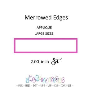 Puede incluir: Un fondo blanco con el texto "Merrowed Edges", "APPLIQUE" y "LARGE SIZES". Una aplicación rectangular rosa con una medida de 5,08 cm está en el centro. La palabra "Set" está escrita en cursiva. El logotipo de EMBROIDESIGNS está en la parte inferior.