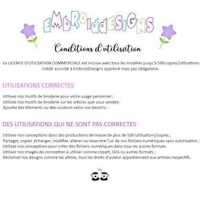 Puede incluir: Un documento con el t&iacute;tulo "EmbroidDesigns Condiciones de uso" en texto rosa. El documento describe las formas correctas e incorrectas de usar dise&ntilde;os de bordado. El documento incluye un gr&aacute;fico de flor rosa y un gr&aacute;fico de taza de t&eacute; rosa.