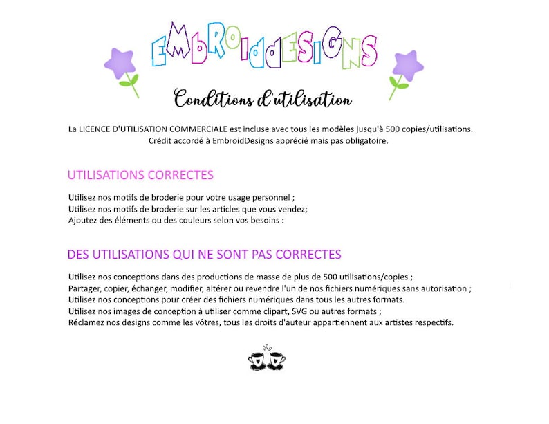 Puede incluir: Un documento con el t&iacute;tulo "EmbroidDesigns Condiciones de uso" en texto rosa. El documento describe las formas correctas e incorrectas de usar dise&ntilde;os de bordado. El documento incluye un gr&aacute;fico de flor rosa y un gr&aacute;fico de taza de t&eacute; rosa.