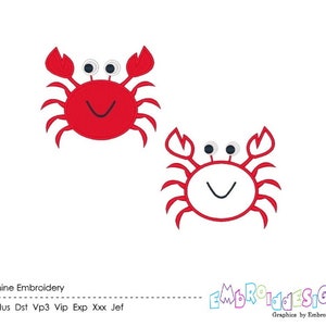 May include: Two cartoon crabs, one red and one white, with black eyes and smiling mouths. Machine embroidery designs for Pes, Hus, Dst, Vp3, Vip, Exp, Xxx, and Jef file formats.