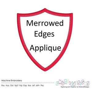 May include: Red shield-shaped applique with the text "Merrowed Edges Applique" in white.
