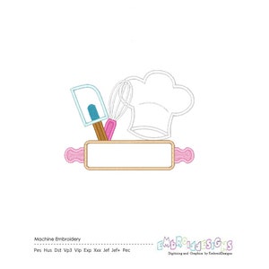 A machine embroidery design of a rolling pin with a chef's hat, a whisk, and a spatula. The rolling pin has a blank space for text. The design is in pink, blue, and brown colors. The text below the design reads 'Machine Embroidery', 'Pes Hus Dst Vp3 Vip Exp Xxx Jef Jef+ Pec', and 'EMBROIDESIGNS Digitizing and Graphics by EmbroidDesigns'.