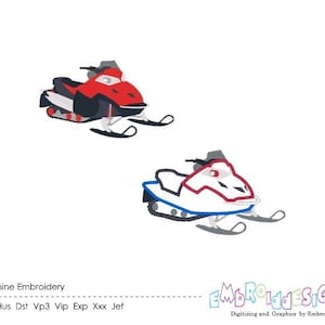 May include: Two snowmobile embroidery designs, one red and one white with blue accents. The designs are for machine embroidery and are available in a variety of formats, including PES, HUS, DST, VP3, VIP, EXP, XXX, and JEF.