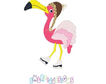 Diseño de bordado a máquina de flamenco con patines de hielo / Patrón de pájaro