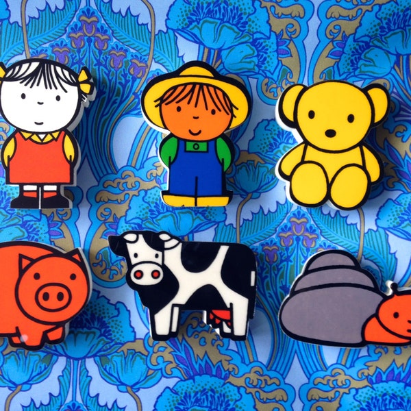 Vintage 1970s 1972 DICK BRUNA squeeze 'n' squeak kids baby toys Boy Girl Farm Animals Cow Pig Snail Teddy Bear Playcraft Mercis *No Noise*