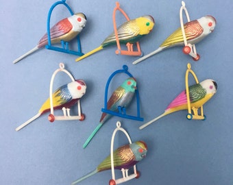 7x Vintage 1960s mini bird on swing budgie BUNDLE Romanian colourful colorful old plastic unusual kitsch mobile hanging decoration lot set