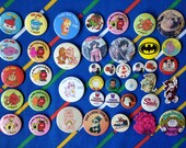 Vintage 1980s kids badges Mr Men Care Bears Mickey Mouse Transformers Noddy Wuzzles Sindy Captain Scarlet Tom Kitten Beatrix Potter shaped