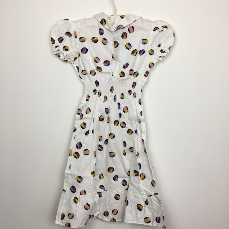 Vintage 1960s 1970s white needlecord summer fall cotton dress tunic Unusual spotty marble print Yellow ribbon Age 6 7 8 9 10 11 12 years