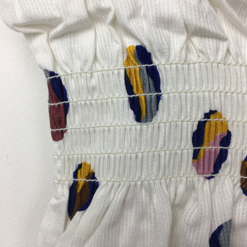 Vintage 1960s 1970s white needlecord summer fall cotton dress tunic Unusual spotty marble print Yellow ribbon Age 6 7 8 9 10 11 12 years