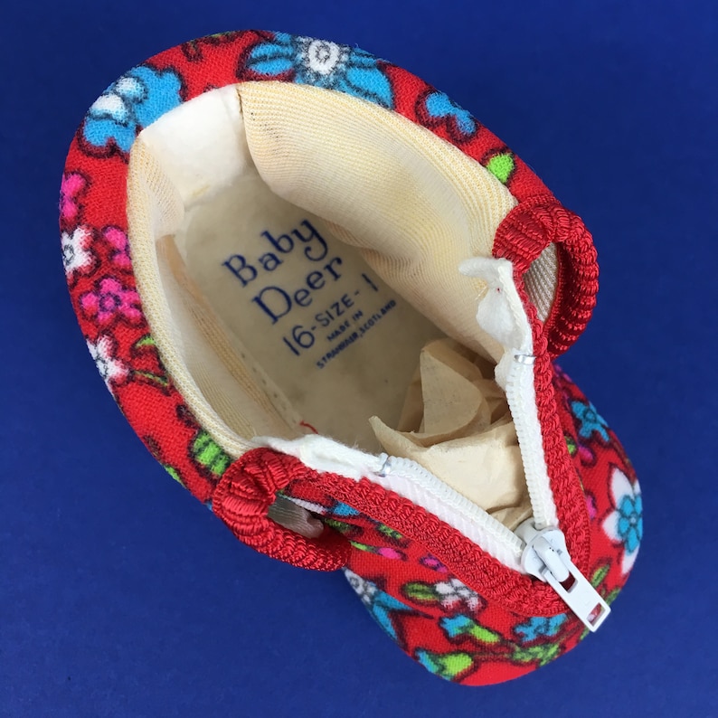 Vintage 1960s 1970s Baby Deer kids colourful red blue floral fleece first slippers deadstock retro 0 3 6 9 months baby boys girls boxed gift