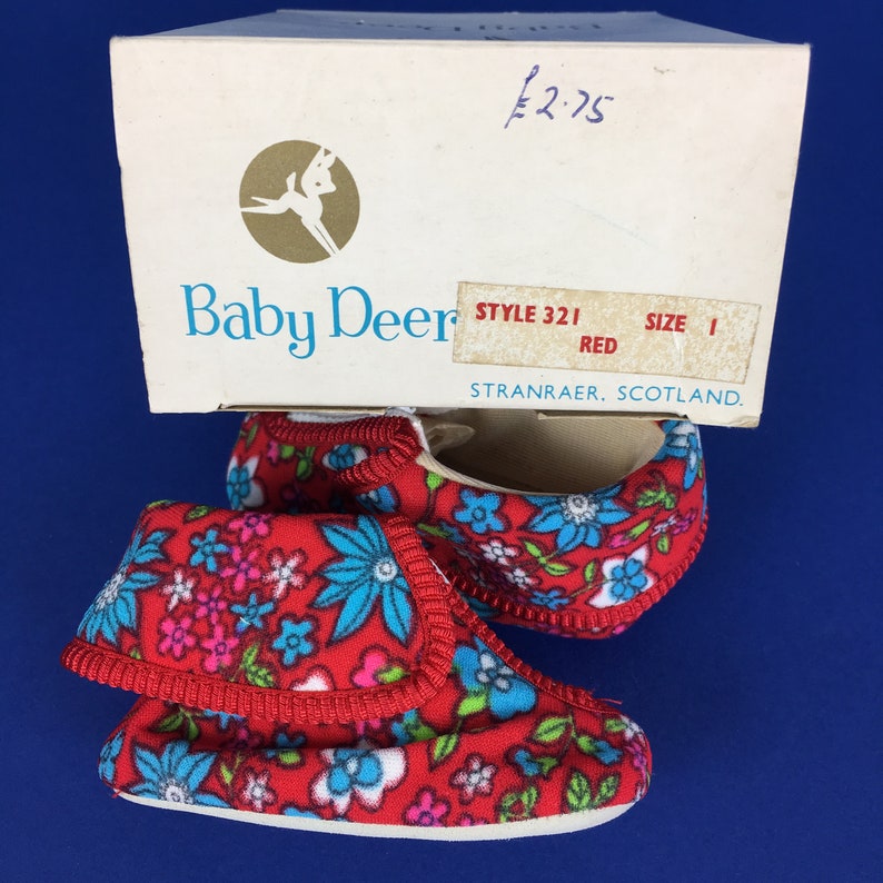 Vintage 1960s 1970s Baby Deer kids colourful red blue floral fleece first slippers deadstock retro 0 3 6 9 months baby boys girls boxed gift
