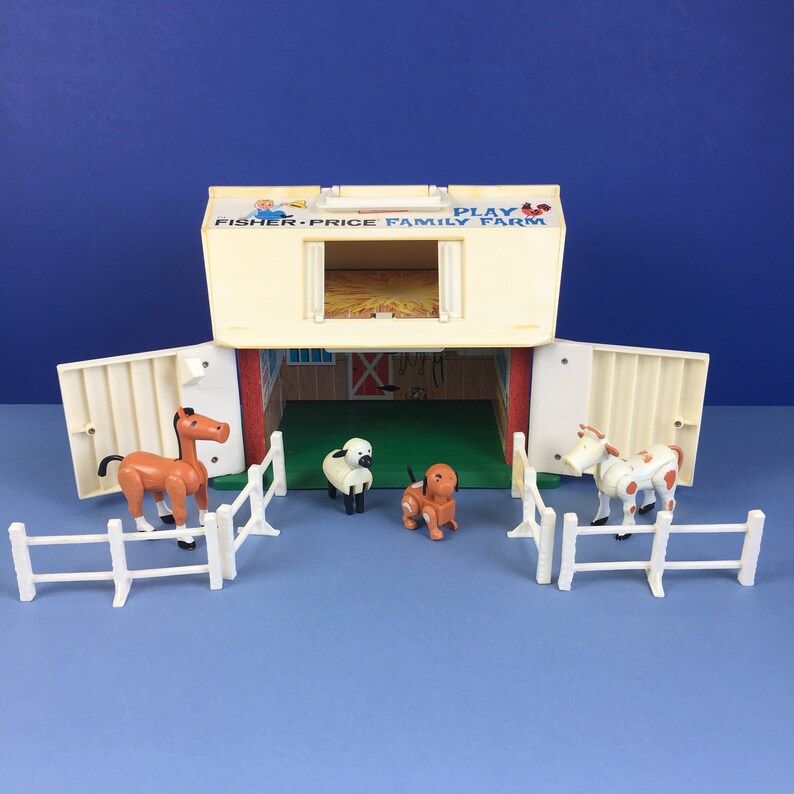 1967 Vintage Fisher Price Family Farm Role Play Horse Sheep Dog Cow Fence Red Barn Mooing Noise Door Roof Animals Toys Educational Fun 1970s
