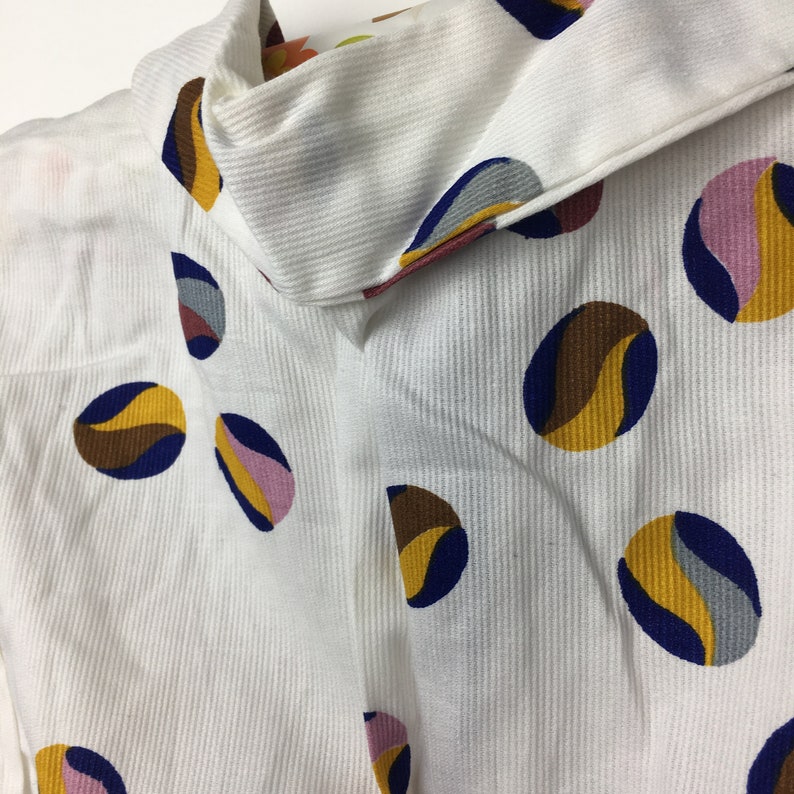 Vintage 1960s 1970s white needlecord summer fall cotton dress tunic Unusual spotty marble print Yellow ribbon Age 6 7 8 9 10 11 12 years