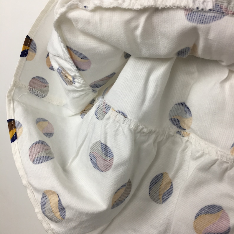 Vintage 1960s 1970s white needlecord summer fall cotton dress tunic Unusual spotty marble print Yellow ribbon Age 6 7 8 9 10 11 12 years