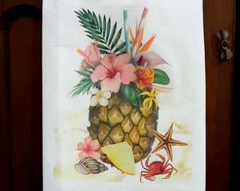 Tropical Pineapple Drink, Tea Towel, Flour Sack Towel, Bar Towel, Kitchen Towel, Bridal Shower Gift, Gift For Mom, Guest Towel, Hostess Gift