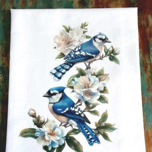Bird Towel, Spring Kitchen Tea Towel, Blue Jay Birds, Botanical Flour Sack Towel, Farmhouse Linens, Guest Towel, Hostess / Housewarming Gift