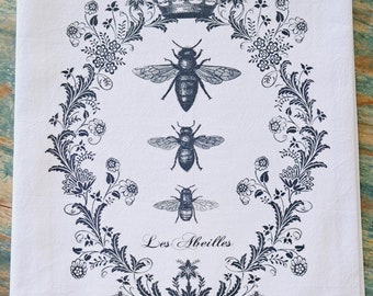 French Queen Bee Tea Towel, Honeybee Flour Sack Towel, French Farmhouse Towel, Botanical Cotton Towel, Kitchen Linens, Guest Hand Towel