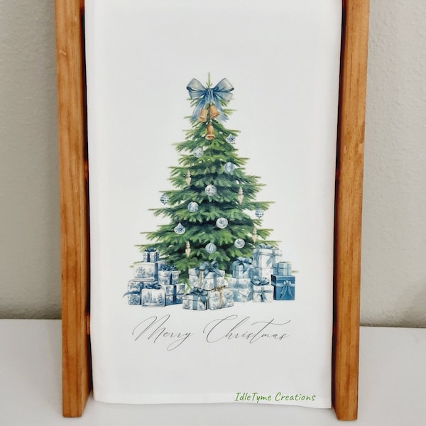 Christmas Tree Flour Sack Towel, Delft Blue Gifts Ornaments, Farmhouse Kitchen Tea Towel, Personalized Holiday Linens, Guest Hand Towel