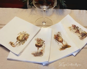 Cloth Cocktail Napkins, Hors d'oeuvres / Appetizer Napkins, Mixed Set of 4 Floral Wine Glass Napkins, Wine Bar, Beverage Napkins, Wine Gift