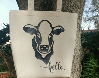 Market Tote, Hello Cow HTV, Farmers Market Shopping Tote, Craft Fair Tote, Teacher Tote, Reusable Cotton Tote, Wine Bag, Housewarming Gifts.