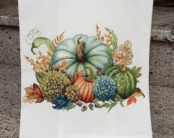 Fall Towel, Pumpkins & Hydrangeas Tea Towel, Farmhouse Flour Sack Towel, Autumn Kitchen Towel, Guest Towel, Personalized Towel, Bar Towel.