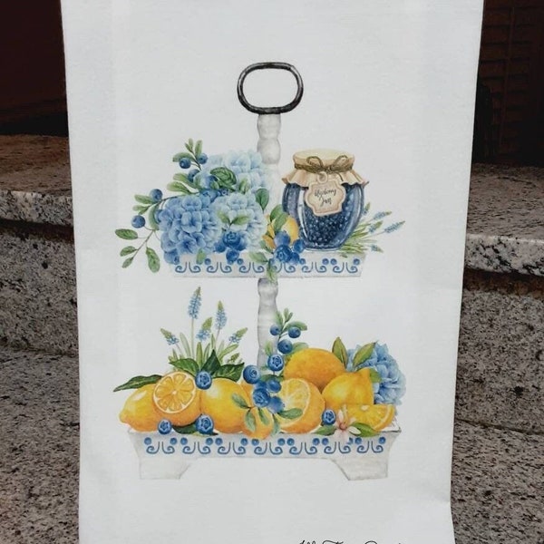 Lemons, Hydrangeas & Blueberries Tea Towel, Botanical Flour Sack Towel, Spring/Summer Farmhouse Towel, Blue White Yellow Kitchen Linens,