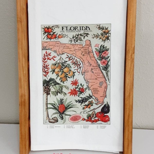 Vintage Florida Map Tea Towel, Botanical Flour Sack Towel, Florida Bar Towel, Citrus Fruit Kitchen Towel, Guest Towel, Housewarming Gift