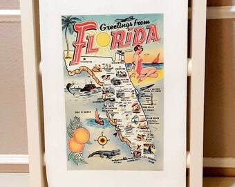 Florida Map Tea Towel, Vintage Greetings From Florida Printed Towel, Custom Flour Sack Towel, Farmhouse Linens, Bar Towel, Guest Towel