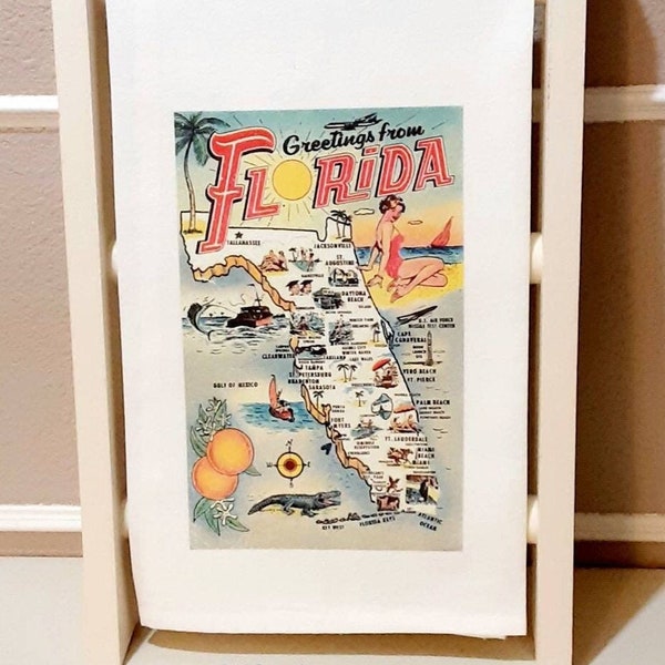 Florida Map Tea Towel, Vintage Greetings From Florida Printed Towel, Custom Flour Sack Towel, Farmhouse Linens, Bar Towel, Guest Towel