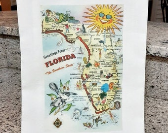 Vintage Florida Map Tea Towel, Flour Sack Towel, Florida Bar Towel, Farmhouse Linens, Kitchen Towel, Guest Hand Towel, Housewarming Gift