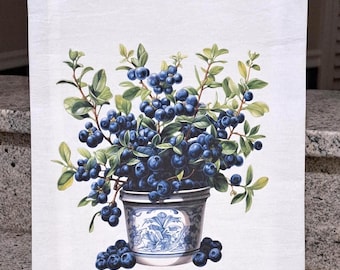 Blueberry Watercolor Flour Sack Towel, Chinoiserie Botanical Kitchen Linens, Hostess / Housewarming Gift