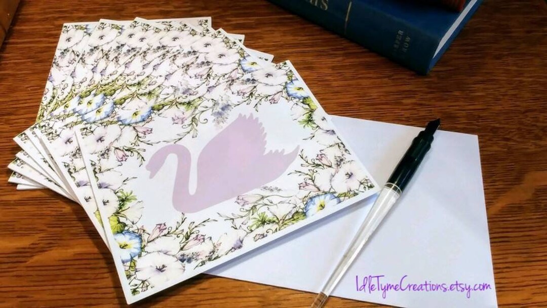Swan Note Cards, Stationery, Blank Note Cards, Spring Floral Swan Note ...